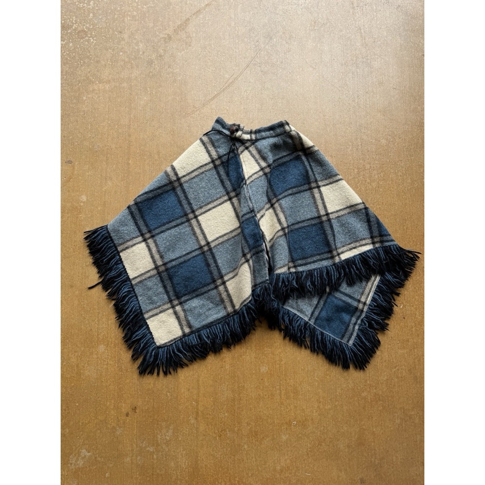 VTG 60s Pioneer Wear Side Zip Wool Poncho Scarf Plaid Blue Fringe Western M